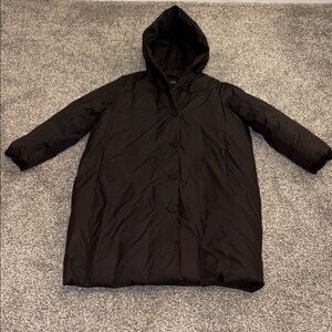 Eileen Fisher Long Black Puffer Coat 80/20 Down Hooded Womens